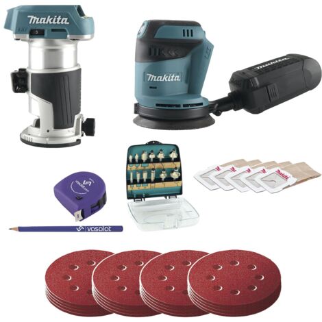 Makita Akku Exzenterschleifer 18V DBO180Z + Schleifscheiben Set 4-teilig K60/80/120/180 + Akku-Einhandfräse 18V DRT50Z, + Fräser 12-teilig (1/5)