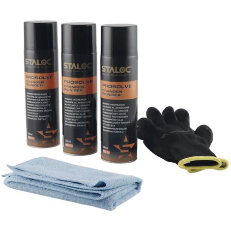 Staloc Orangenreiniger Set - Reinigungsmittel zum Reinigen und Entfetten empfindlicher Oberflächen, ideal als Etikettenentferner, 3x Orangen Reiniger + 1x Mikrofasertuch (1/5)