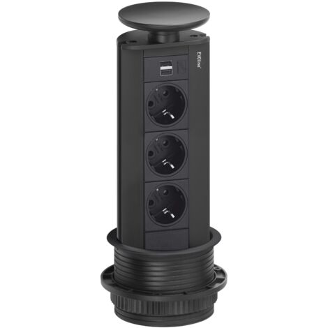 Evoline Port Steckdosenleiste 3xSchuko 2xUSB-Charger - versenkbar schwarz - Einbau 102mm - 230 V - Wippdeckel - 312mm Höhe