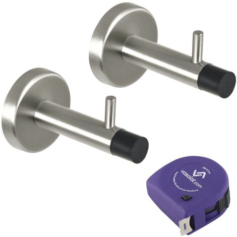 vasalat Türstopper Wand mit Dämpfer - Tür Stopper Wand mit Gummipuffer und Haken ø 14mm, Länge 82mm, Türpuffer zum Schutz von Wand & Tür, Edelstahl matt - 2 Stück (1/4)