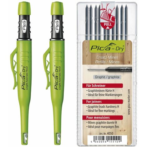 Pica Dry  Set - 2x Pica Stift automatisch mit 10x Pica Dry Minen H Graphit, unerlässlich für Hand- und Heimwerker, 3-teilig