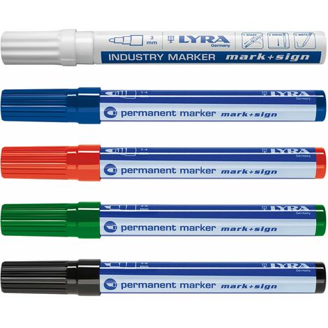 vasalat Lyra Permanent Marker wasserfest blau und rot schräg + schwarz und grün rund + Lackstift weiß