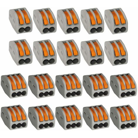 WAGO 222 Klemmen 2 polig und 3 polig, 0,08 bis 4mm² Verbindungsklemmen mit Hebel, Kunststoff grau-orange, 20-teilig