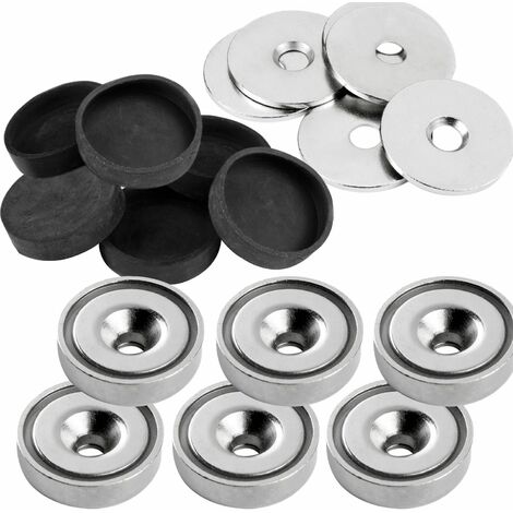vasalat Topfmagnet mit Bohrung, Magnet mit Metallscheiben und Gummi-Kappen, Rundmagnet ø 20mm, Neodym vernickelt 18-teilig