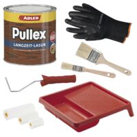 Adler Pullex Langzeit Lasur - Holzlasur Außen Wetterfest - kein Abblättern bei Witterung und Schutz gegen Bläue- und Schimmelbefall - mit 2x Pinsel + Lackroller Set mit Farbwanne, Wenge 750ml