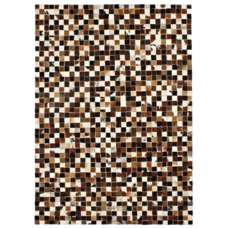 Tapis salon en cuir recyclé patchwork damier marron 120x170 cm – Design unique fait main – Pour intérieur bohème chic – Thedecofactory