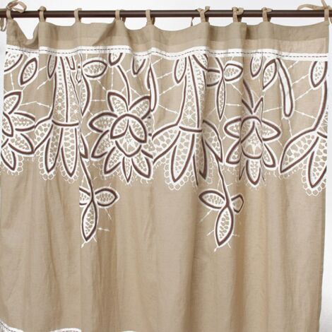 ANGE - Rideau en coton couleur lin et blanc à motifs floraux 140x250 (1/2)