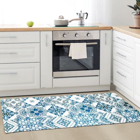 AZULEJOS VINYLE - Tapis de cuisine carreaux de ciment bleu 45x120