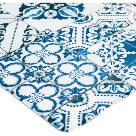 AZULEJOS VINYLE - Tapis de cuisine carreaux de ciment bleu 45x120