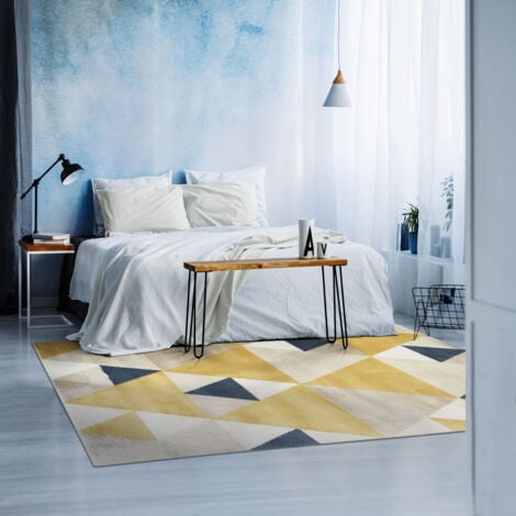 NEW TAO - Tapis de salon motifs triangles jaune et bleu 120x160