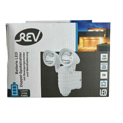 REV Doppel-Spotstrahler LED, Bewegungsmelder, Wandhalterung, Weiß, Batteriebetrieb IP44