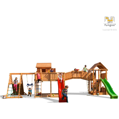Fungoo Spielturm "Maxi Set Spider Land My Space XL Fortress Toybox Rainbow Spider+", teak, mit 2x Rutschen, 2x Spieltürmen, Verbindungsbrücke, Schaukel, Leiter, Trapez, Kletterseil und Kletterwände