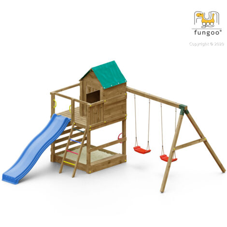 Fungoo Spielturm "Jarcas 4", teak, mit Doppelschaukel, Rutsche, Sandkasten, Holzdach und Leiter