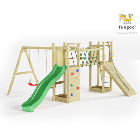 Fungoo Spielturm "Maxi Funny", natur, mit Doppelschaukel, Rutsche, Verbindungselement, Kletterwand und Rampe