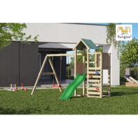 Fungoo Spielturm Chester natur mit Doppelschaukel, Rutsche, Holzdach und Kletterwand
