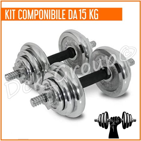 SET Componibile 2 Manubri + Dischi KIT 15 KG Bilanciere con PESI Acciaio FITNESS Body Building (1/2)