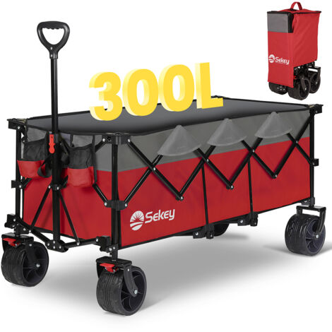 Sekey XXXL Superlang Bollerwagen Faltbar Handwagen 300L 200KG Klappbar Transportwagen, Alle-Terrain Reifen, Ultrakompakt Faltbar, Rot und Grau