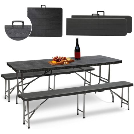 Sekey Bierzeltgarnitur 3-teilig Set Bierzeltgarnitur Klappbar Gartenmöbel Set Tragbar Schwarz, (3-tlg), 180cm Bierbänke und 2 Bierbänke, mit Holz und Rattan-Optik, Wetterfest (1/5)