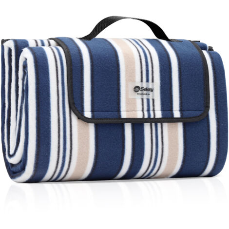 Sekey Picknickdecke XXL, Fleece Stranddecke, wärmeisoliert, wasserdicht, mit Tragegriff, 200x200 cm, Blau-weiß gestreift