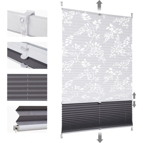 Sekey Plissee Klemmfix ohne Bohren 65x120cm Weiß mit Muster und Dunkelgrau Doppelplissee Day + Night Verdunkelung Sonnenschutzrollo Lichtschutz Faltrollo 100% Verdunkelnd Jalousie Plisseerollo für Fen