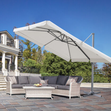 Alu Sonnenschirm Ampelschirm 300 cm x 300 cm, mit Kurbelbedienung, 360° drehbar und neigbar, inklusive Fußpedal, quadratisch Gartenschirm mit UV50+ Sonnenschutz für Garten und Terrasse, Creme