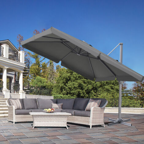 Alu Sonnenschirm Ampelschirm 300 cm x 300 cm, mit Kurbelbedienung, 360° drehbar und neigbar, inklusive Fußpedal, quadratisch Gartenschirm mit UV50+ Sonnenschutz für Garten und Terrasse, Grau