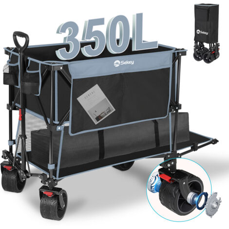 Sekey Bollerwagen Faltbar Strandwagen mit 350L Stauraum und extra breiten 17x10 cm Allgelände-Reifen, Blau und Schwarz