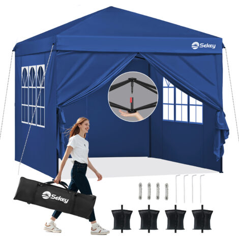 Sekey Pavillon 3 x 3 m mit 4 Seitenteile, Faltpavillon Pop Up Pavillon Faltbar - mit 7 Sandsäcke - Wasserdicht Stabil Winterfest, Navy