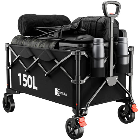 SUNULA Bollerwagen Faltbar Handwagen 120kg Tragkraft, 150L, mit Ein-Klick-Handgriff & geländegängigen Rädern, Schwarz