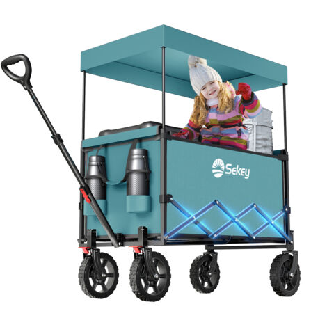 Sekey Bollerwagen Faltbar mit Dach, Handwagen bis 150 kg belastbar, Transportkarre, Gerätewagen, Blaugrün