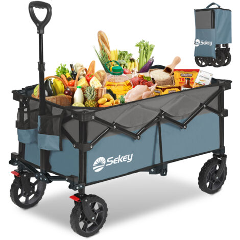 Sekey 150KG Bollerwagen Faltbar Handwagen mit Bremsen und normalen Reifen, 4-fach zusammenklappbares Design, Blau und Grau