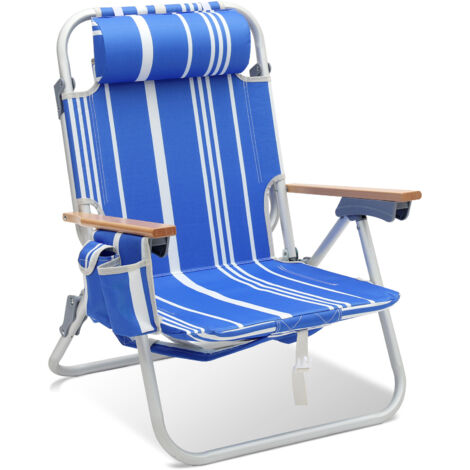 Sekey Alu Campingstuhl Faltbar Liege Klappstuhl, 3-stufig verstellbar, Strandstuhl mit Nackenkissen, Holz Armlehnen & Kühltaschen, Blau