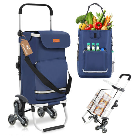 Sekey Aluminium 3 in 1 Treppensteiger Einkaufstrolley, Trolly Einkaufswagen Klappbar mit Kühlfach, 6 Räder, Blau