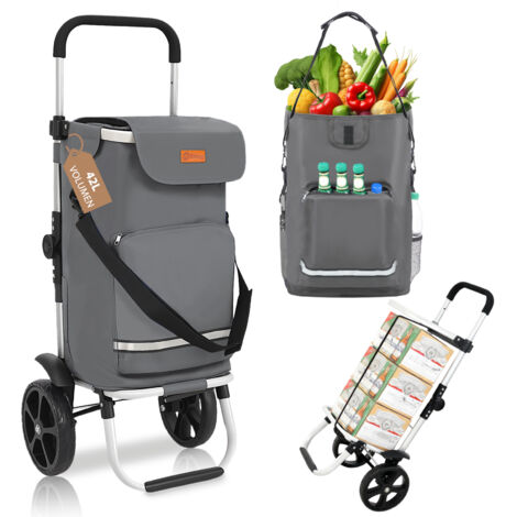 Sekey 3-in-1 Einkaufstrolley klappbar, Abnehmbare Tasche 42L, Alu Einkaufswagen mit Rollen, mit Kühlfach und Spanngurt, grau