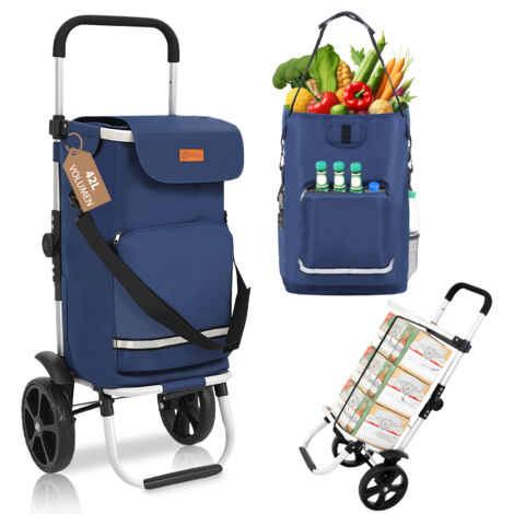 Sekey 3-in-1 Einkaufstrolley klappbar, Abnehmbare Tasche 42L, Alu Einkaufswagen mit Rollen, mit Kühlfach und Spanngurt, blau