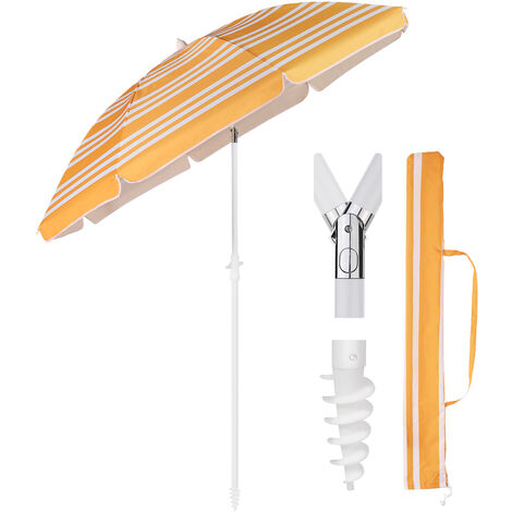 180 cm Sonnenschirm Stabil Strandschirm mit Bodenhülse & Schutzhülle für Balkon Garten & Terrasse Neigungswinkel und Höhe verstellbar, Sonnenschutz UPF 50+, Orange Weiße Streifen