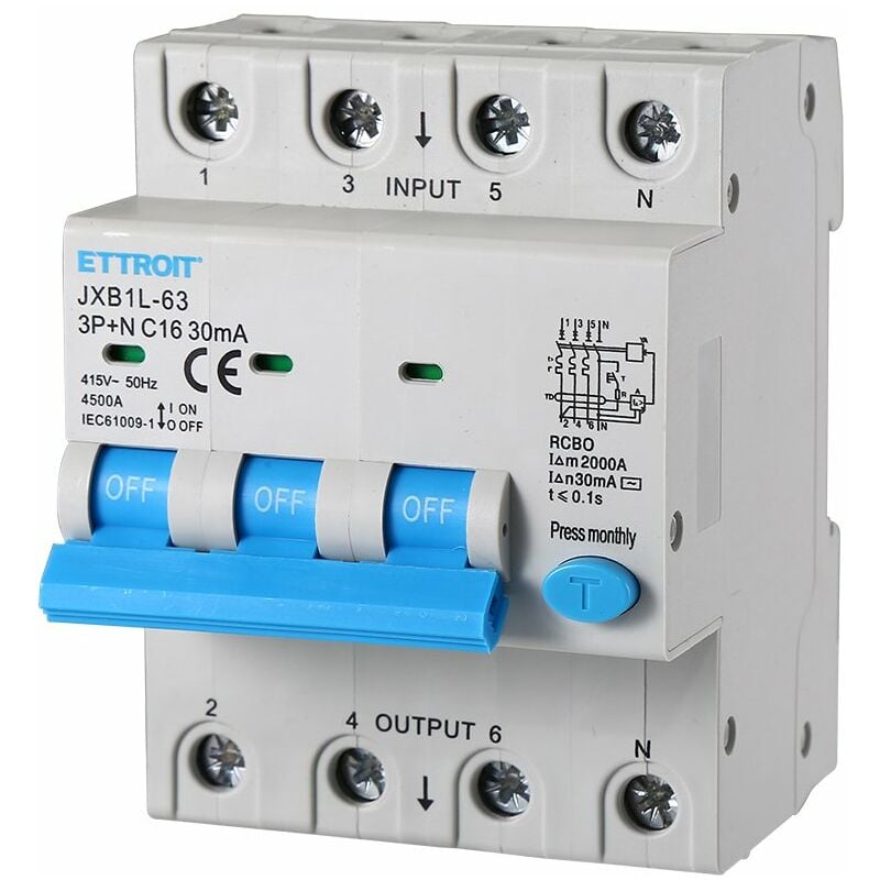 Interruttore Magnetotermico Differenziale 3P+N 16A 4.5kA 30mA 380V Occupa 4 Moduli  DIN