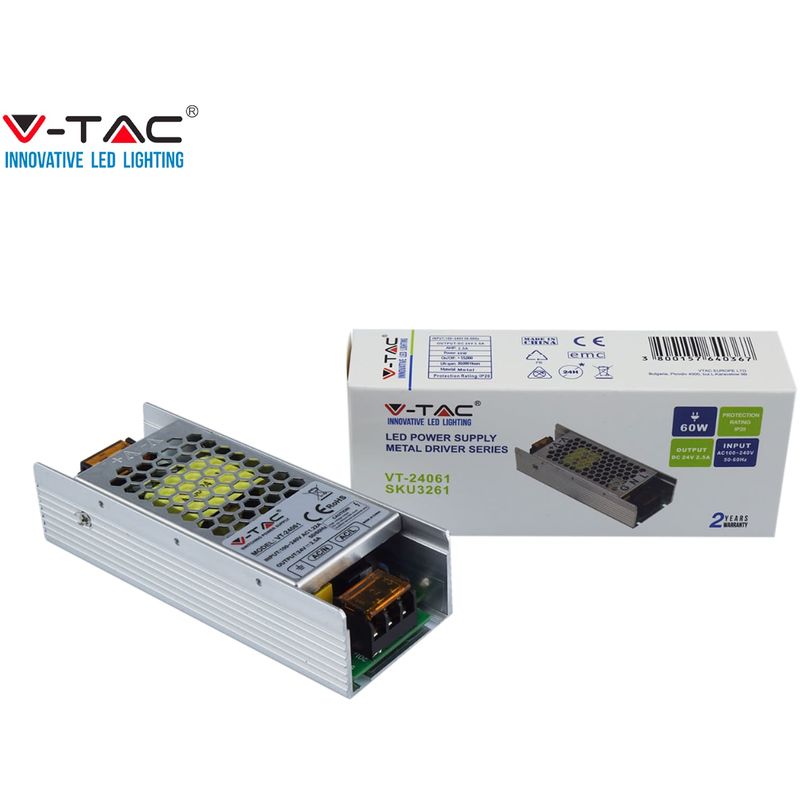 V-TAC Alimentatore in Metallo 60W 24V 2,5A con 1 Uscita IP20 - 3261