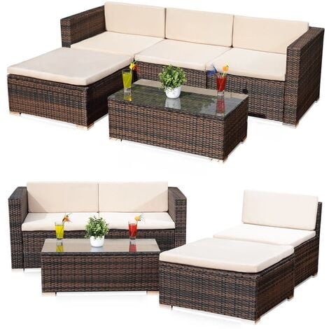 Group de 5 meuble, canapé salon de jardin avec canapé rotin table + coussin marron