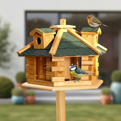 Mucola – Nichoir en bois pour oiseaux – Bois d'épicéa – Dimensions 48x48x33 cm – Distributeur de nourriture rabattable – Abri confortable