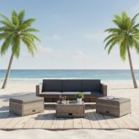 Mucola – Salon de jardin en polyrotin gris – Canapé 3 places avec coussins hydrofuges – Table avec plateau en verre – 2 poufs inclus