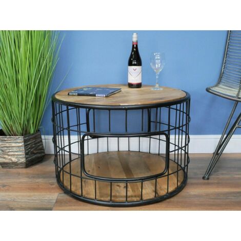 Industrial Coffee Table Vintage Retro Side End Rustic Solid Wood Round ...