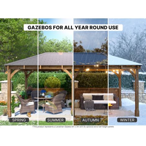 Dunster House Wooden Gazebo Leviathan 4m x 3m Permanent Heavy Duty Patio Shelter With Roof Shingles