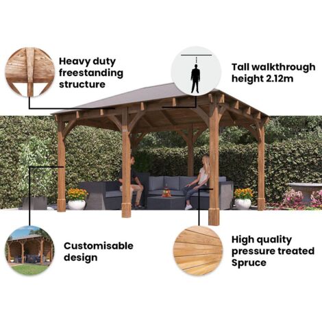 Dunster House Wooden Gazebo Leviathan 4m x 3m Permanent Heavy Duty Patio Shelter With Roof Shingles