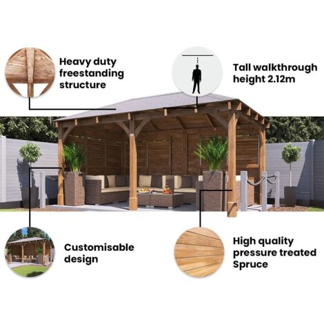 Dunster House Wooden Gazebo 5m x 3m Heavy Duty Pressure Treated Patio Shelter With Roof Shingles Leviathan