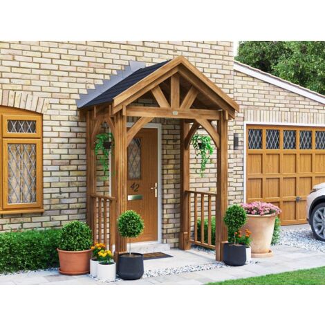Dunster House Wooden Porch Canopy Kit 2m x 1.5m Pressure Treated Door Shelter with Balustrades - Thunderdam