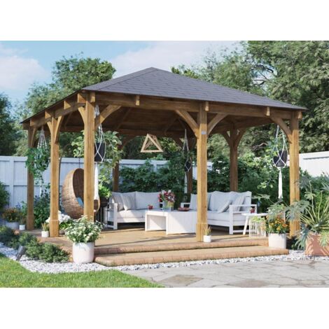 Dunster House Wooden Gazebo Leviathan 4m x 4m Permanent Heavy Duty Patio Shelter With Roof Shingles (1/5)