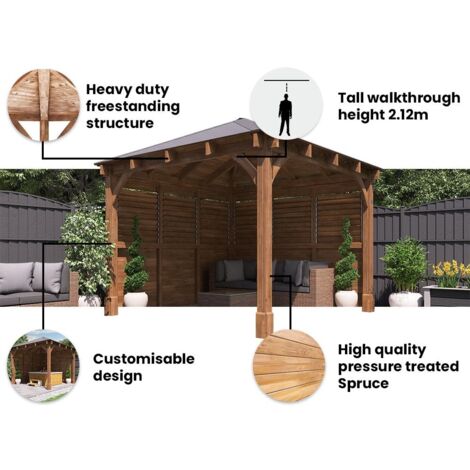 Dunster House Wooden Gazebo Kit Louvre Wall 3m x 3m Heavy Duty Garden Shelter Roof Shingles Leviathan