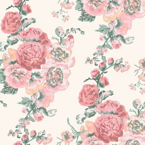 Papier peint intissé Laura Ashley Hollyhocks Coral 1005 x 52cm Rose, vert