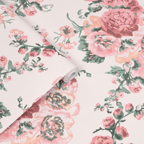 Papier peint intissé Laura Ashley Hollyhocks Coral 1005 x 52cm Rose, vert